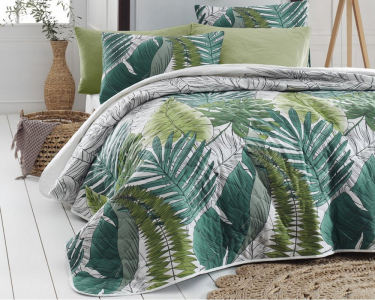 Покривало стьобане двостороннє EnLora Home ранфорс Baskili Nui Yesil 225х240 з наволочками 50х70