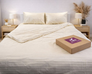 Постельное белье LARA сатин-страйп LUX beige d13176е160 с простынью на резинке 160х200х25 евро