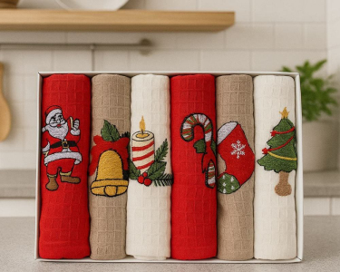 Набор новогодних полотенец кухонных Nilteks 6 штук 40х60 вафельные с вышивкой Christmas 2