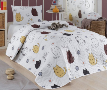 Покривало стьобане Eponj Home Hello Cats Beyaz 160х220 з наволочкою 50х70