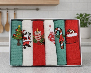 Набор новогодних полотенец кухонных Nilteks 6 штук 40х60 вафельные с вышивкой Christmas 5