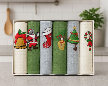 Набор новогодних полотенец кухонных Nilteks 6 штук 40х60 вафельные с вышивкой Christmas 6