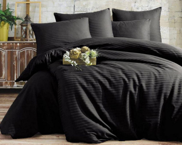 Турецкое постельное белье Charlotte Stripe Satin 200х220 Siyah евро с простынью на резинке 160х200х30см