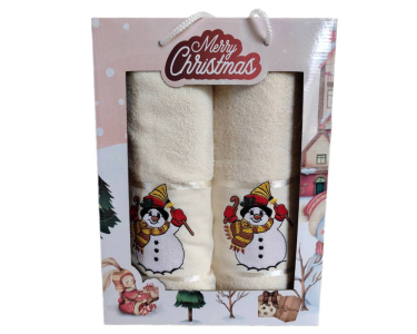 Набор новогодних полотенец Gulcan 50x90+70х140 Merry Christmas Snowman Beige