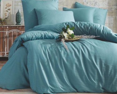 Турецкое постельное белье Charlotte Stripe Satin 200х220 Su Yesili евро с простынью на резинке 160х200х30см