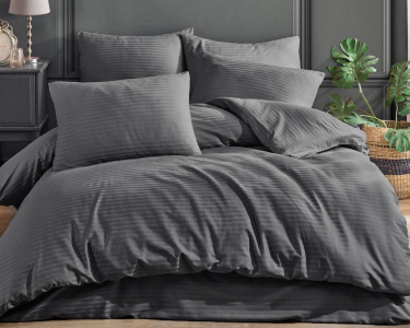 Турецкое постельное белье Charlotte Stripe Satin 200х220 Antrasit евро с простынью на резинке 160х200х30см