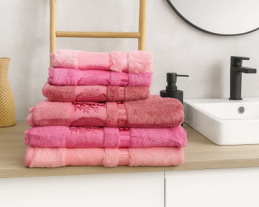 Набор турецких бамбуковых махровых полотенец Zeron 3 штуки 50х90 + 3 штуки 70х140 Damkas Desen Bamboo 15859 розовый