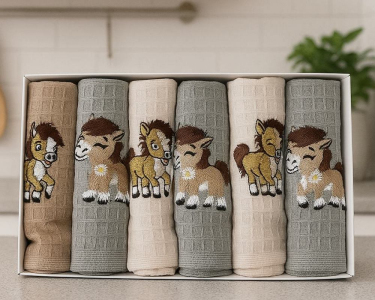 Набор новогодних полотенец кухонных Nilteks 6 штук 40х60 вафельные с вышивкой Год Лошади