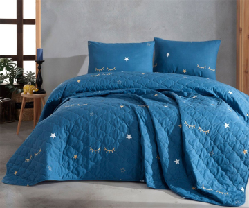 Покривало стьобане двостороннє EnLora Home ранфорс Dide Mavi 225х240 з наволочками 50х70
