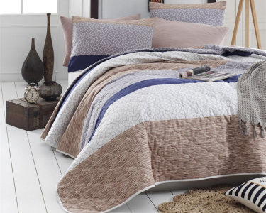 Покривало стьобане двостороннє EnLora Home ранфорс Baskili Tigre Bej-Gri 225х240 з наволочками 50х70