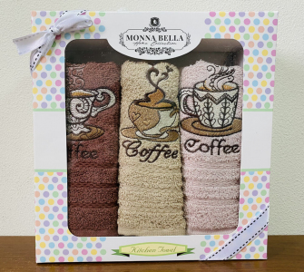 Набір рушників для кухні 30х50 Monna Bella 3 штуки махрові з вишивкою Кава темний