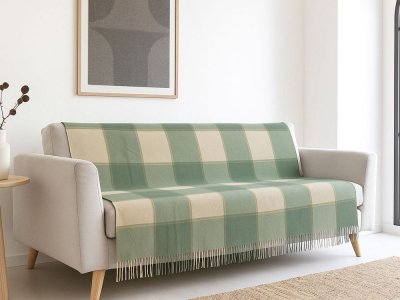 Плед вовняний Vladi Ельф Клітинка біло-пісочно-оливковий 140х200