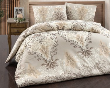 Турецька постільна білизна First Choice Homesko Ranforse Lara Ekru сімейна з простирадлом на резинці 160х200х30см