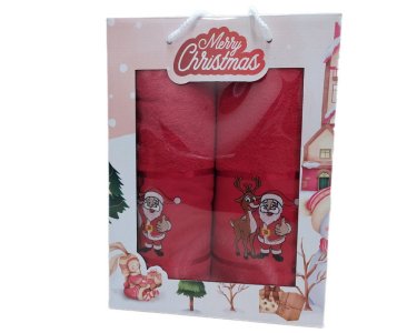 Набор новогодних полотенец Gulcan 50x90+70х140 Merry Christmas Rudolph Red