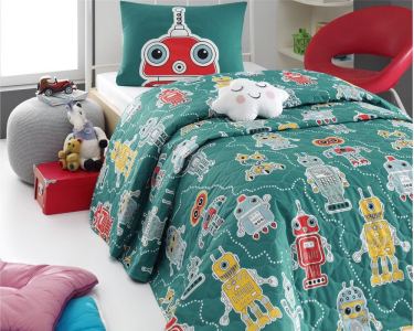 Покривало стьобане двостороннє EnLora Home ранфорс Robotte Yesil 180х225 з наволочкою 50х70