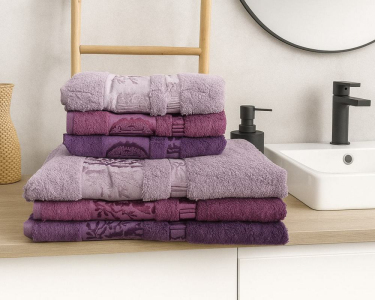 Набор турецких бамбуковых махровых полотенец Zeron 3 штуки 50х90 + 3 штуки 70х140 Damkas Desen Bamboo 15838 фиолетовый
