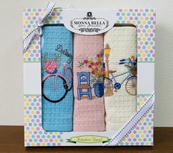 Набір рушників для кухні 40х60 Monna Bella 3 штуки вафельні з вишивкою Велосипед