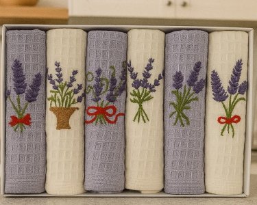 Набір рушників для кухні Nilteks 6 штук 40х60 вафельні з вишивкою Lavanta 2