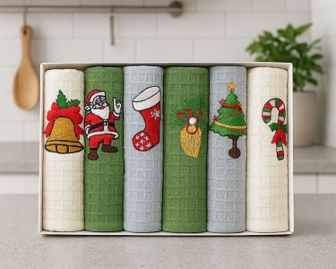 Набор новогодних полотенец кухонных Nilteks 6 штук 40х60 вафельные с вышивкой Christmas 6