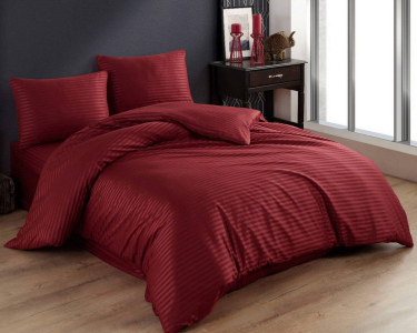 Турецкое постельное белье Charlotte Stripe Satin 200х220 Bordo евро с простынью на резинке 160х200х30см