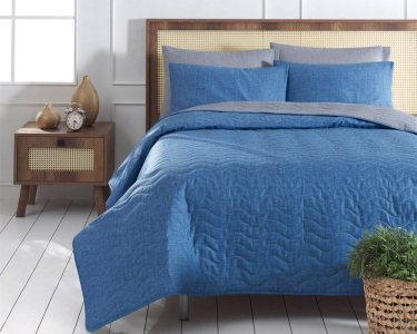 Покривало стьобане Eponj Home MaxiColor Mavi 160х220 з наволочкою 50х70