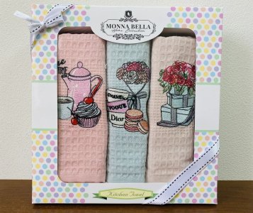 Набір рушників для кухні 40х60 Monna Bella 3 штуки вафельні з вишивкою Квіти