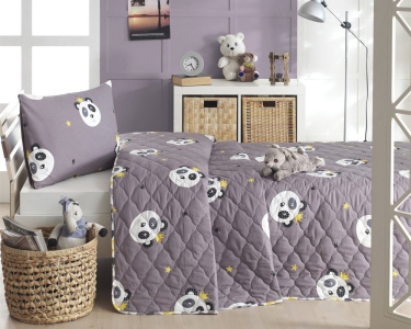 Покривало стьобане двостороннє EnLora Home ранфорс Kral Panda Gri 180х225 з наволочкою 50х70