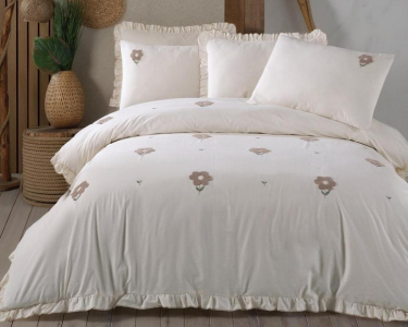 Турецька постільна білизна із вареної бавовни Saheser Stonewashed Ranforse 160 х 220 см Florita Beige сімейна