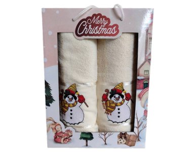 Набор новогодних полотенец Gulcan 50x90+70х140 Merry Christmas Snowman Beige