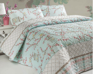 Покривало стьобане Eponj Home Birdcage Turkuaz 160х220 з наволочкою 50х70