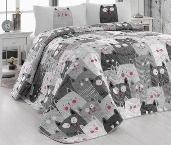 Покрывало стеганое EnLora Duvarda Kediler Gri 200х220 с наволочками 50х70