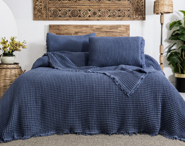 Турецьке вафельне покривало Saheser Norah 240 х 260 см Indigo з наволочками 50х70