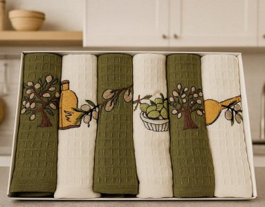 Набір рушників для кухні Nilteks 6 штук 40х60 вафельні з вишивкою Olive