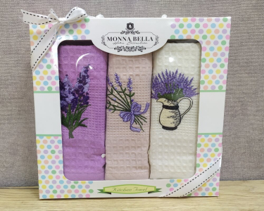 Набір рушників для кухні 40х60 Monna Bella 3 штуки вафельні з вишивкою Лаванда
