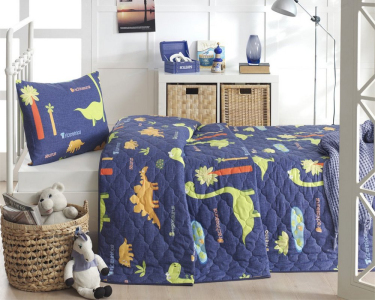 Покривало стьобане двостороннє EnLora Home ранфорс Dinolar Lacivert 180х225 з наволочкою 50х70