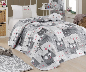 Покрывало стеганое EnLora Duvarda Kediler Gri 160х220 с наволочкой 50х70