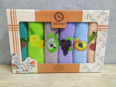 Набір рушників для кухні Nilteks 6 штук 40х60 вафельні з вишивкою Meyve Фрукти