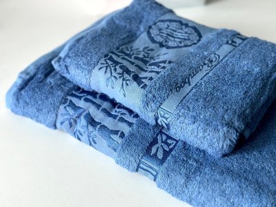 Набір турецьких бамбукових махрових рушників Zeron 50х90+70х140 Bamboo Agaс Desen синій 3