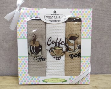 Набір рушників для кухні 40х60 Monna Bella 3 штуки вафельні з вишивкою Кава