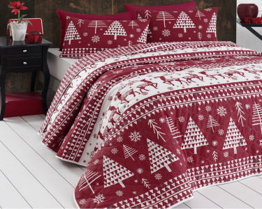 Покривало новорічне стьобане двостороннє EnLora Home ранфорс Baskils Furu Kirmizi 225х240 з наволочками 50х70
