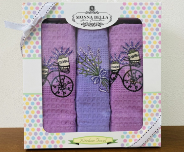 Набір рушників для кухні 40х60 Monna Bella 3 штуки вафельні з вишивкою Лаванда темна