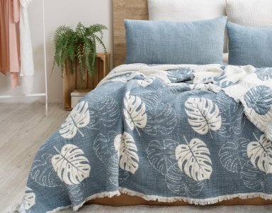 Турецкое муслиновое покрывало Saheser Forest 240х260 с наволочками 50х70 Mavi