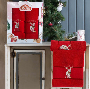 Набор новогодних полотенец Gulcan 50x90+70х140 Merry Christmas Red